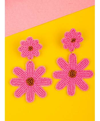 Pink Beaded Flower Statement Earrings for Women & Girls