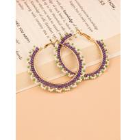 Lavender Bloom Beaded Handmade Hoop Earrings For