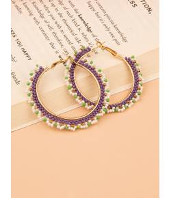 Lavender Bloom Beaded Handmade Hoop Earrings For