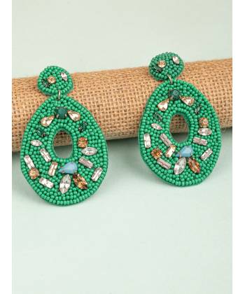 Crystal Studded Green Beaded Earrings for Women
