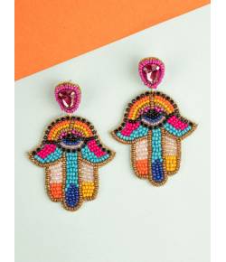 Hamsa Evil Eye Drop Earrings - Handmade Beaded Danglers for
