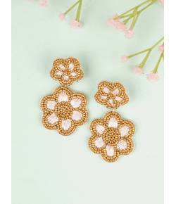 Ivory-Gold Floral Stud Earrings- Beaded Flower Earrings for