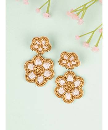 Ivory-Gold Floral Stud Earrings- Beaded Flower Earrings for