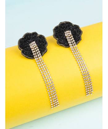 Black Beaded Long Tassel Drop Earrings