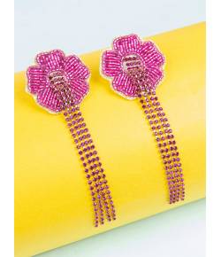 Pink Rhinestone Flower Tassel Earrings for Women
