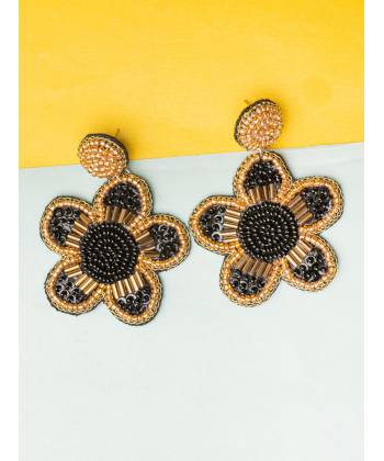 Black Gold Beaded Flower Drop Earrings for Women and Girls