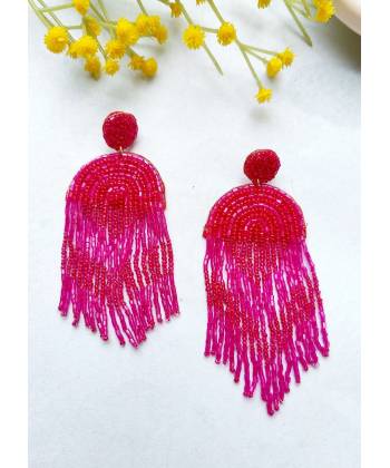 Stylish Magenta Pink Beaded Tassel Earrings for Women