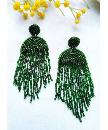 Green Handmade Beaded Tassel Earrings for for Women