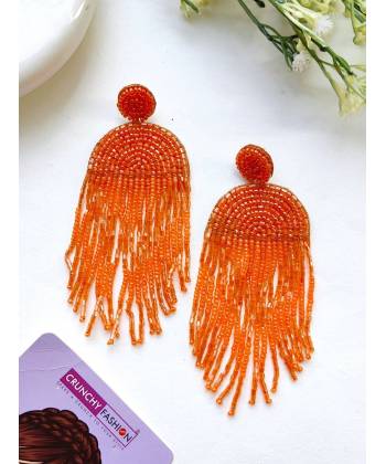 Orange Party Wear Handmade Tassel Beaded Earrings