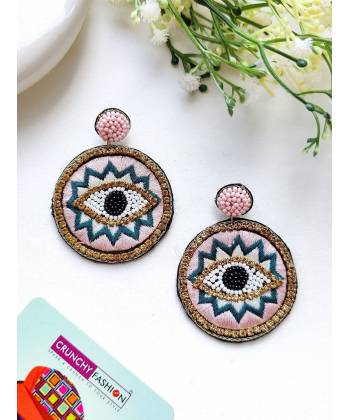 Pink-Grey Evil Eye Handmade Embroidery Earrings