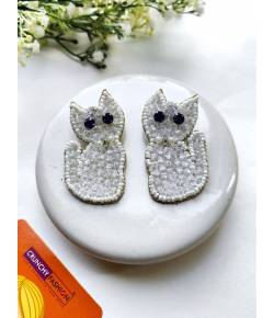 White Kitty Handmade Beaded Earrings