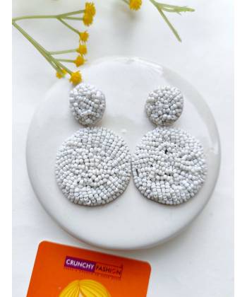 White Handmade Beaded Circle Earrings for Women