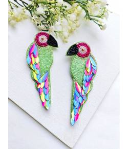 Green Quirky Beaded Parrot Earrings for Women-Statement Handmade jewellery