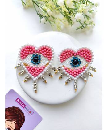 Pink-White Evil Eye Heart Handmade Earrings
