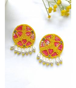 Stylish Yellow-Pink Handmade Beaded Earrings for Women &
