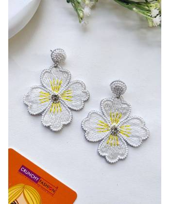White Flower Handmade Earrings - Beaded Jewellery for Women