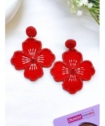 Red Floral Handmade Beaded Earrings for Women