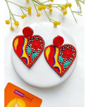 Handmade Embroidered Heart Beaded Earrings - Quirky Party