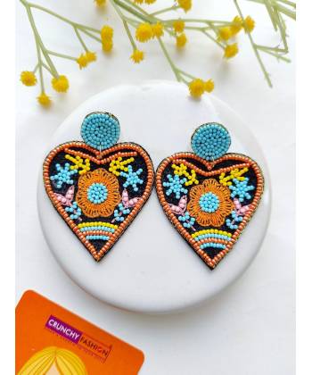 Floral Embroidered Heart Beaded Earrings - Valentine's Day