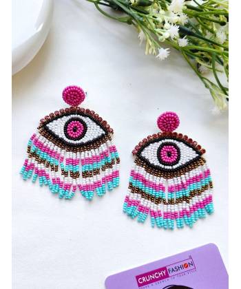 White-Pink Handmade 'Evil Eye' Beaded Earrings for Women