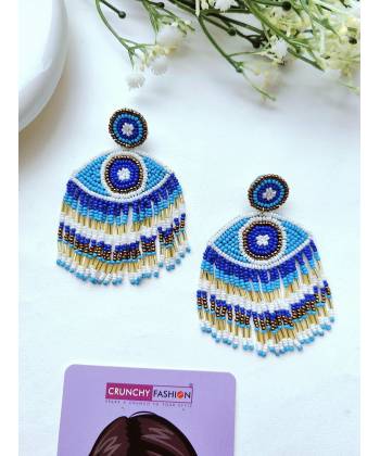 Blue-White Beaded Evil Eye Earrings for Women