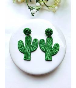 Beaded Green Cactus Earrings, Statement Boho Jewellery for