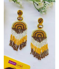 Handmade Yellow-White Beaded Hoop Earrings for Trendy Fashion