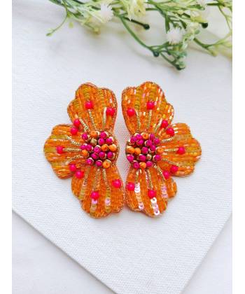 Crystal Studded Orange Handmade Floral Earrings for