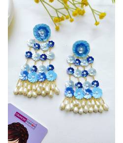 Blue Beaded Handmade Flower Earrings for Women & Girls