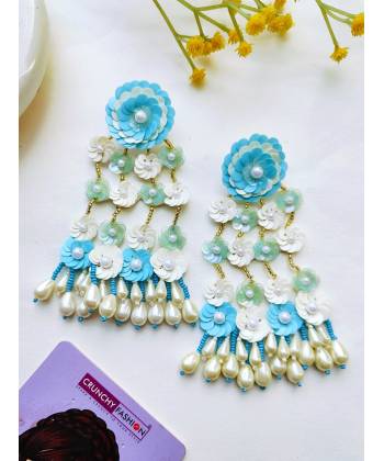 Blue-White Beaded Handmade Flower Earrings for Women