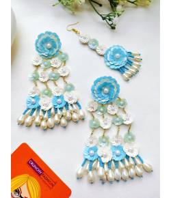 Sky Blue-White Beaded Flowers Earrings-Tikka Set for Haldi