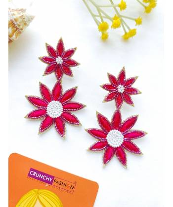 Pink Sunflower Party Wear Beaded Earrings for Women & Girls