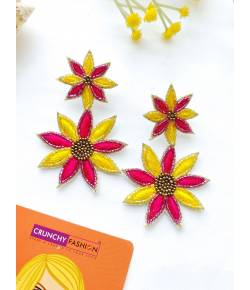 Yellow-PInk Sunflower Party Wear Beaded Earrings for Women & Girls