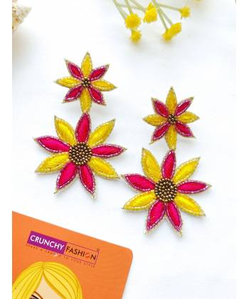 Yellow-PInk Sunflower Party Wear Beaded Earrings for Women & Girls