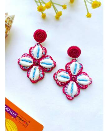 Pink Cowrie Shell Floral Design Earrings for Women