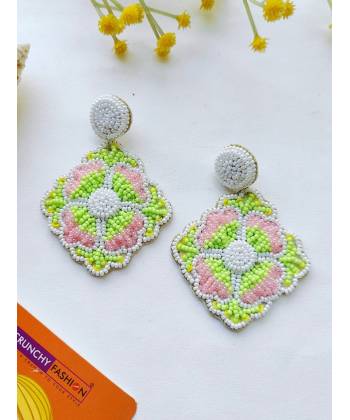 Pink-Green Flower Handmade Beaded Earrings for Festival and Party Wear