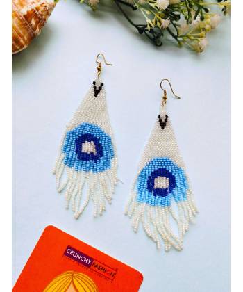 Handmade Peacock Design White-Blue Beaded Tassel Earrings