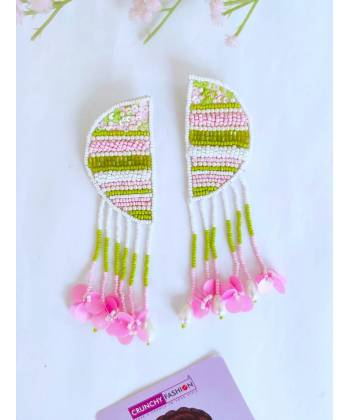 Handicraft Green-Pink Halfmoon Earrings for Women and Girls