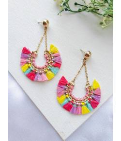 Pink-Yellow Handmade Raffia Earrings for Girls and Women