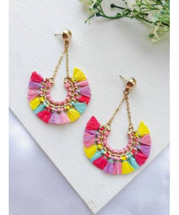 Pink-Yellow Handmade Raffia Earrings for Girls and Women