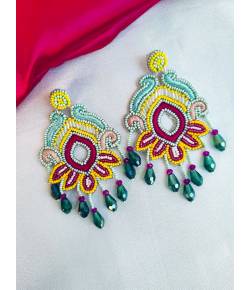 Green-Yellow Handmade Beaded Haldi Earrings for Women and Girls