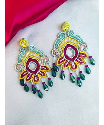 Green-Yellow Handmade Beaded Haldi Earrings for Women and Girls