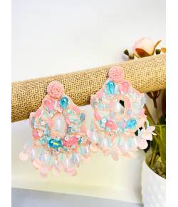 Pink-Powder Blue Floral Fiesta Handmade Earrings for Haldi Mehndi