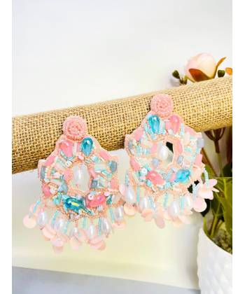 Pink-Powder Blue Floral Fiesta Handmade Earrings for Haldi Mehndi