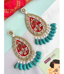 Antique Pink-Turquoise Blue Beaded Handmade Party Earrings