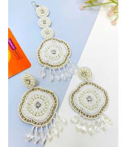 Artisan-Handmade White Beaded Earrings and Tikka Set for Weddings and Haldi mehndi