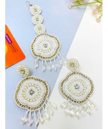 Artisan-Handmade White Beaded Earrings and Tikka Set for Weddings and Haldi mehndi