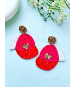 Handmade Pink Beaded Baseball Cap Earrings for Girls