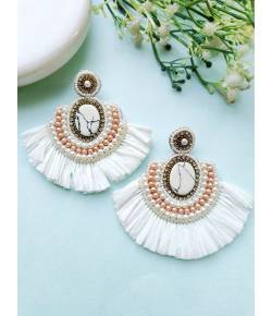 White Raffia Handmade Beaded Statement Earrings for Women,Girls