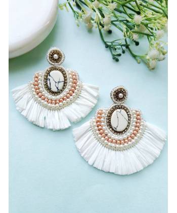 White Raffia Handmade Beaded Statement Earrings for Women,Girls